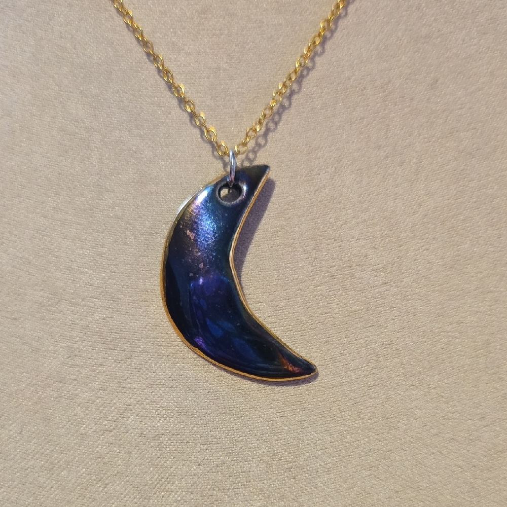 Handmade Gold Tone and Blue Oil Slick Crescent Moon Necklace Boho